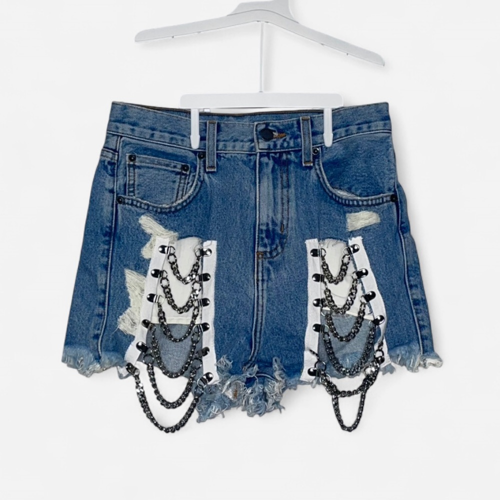 Carmar Blue Distressed Jean Shorts with Chains